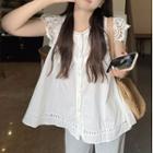 Cap-sleeve Perforated Blouse White - One Size