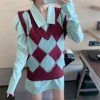 Argyle Sweater Vest / Puff-sleeve Plain Blouse
