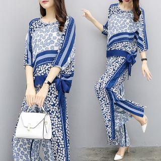 Set: Printed 3/4-sleeve Top + Wide Leg Pants