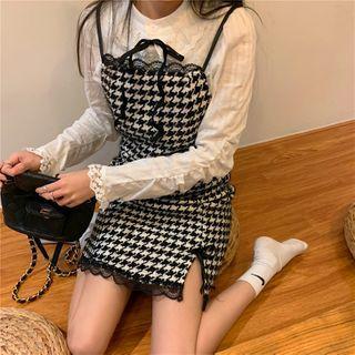 Split Lace Panel Houndstooth Spaghetti Strap Dress + Long-sleeve Shirt