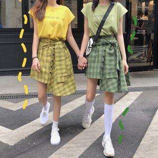 Set: Short-sleeve Lettering T-shirt + Mock Plaid Shirt A-line Skirt