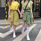 Set: Short-sleeve Lettering T-shirt + Mock Plaid Shirt A-line Skirt