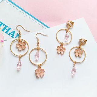Non-matching Sakura & Faux Crystal Dangle Earring