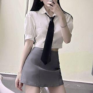 Set: Puff-sleeve Crop Shirt + A-line Skirt + Neck Tie