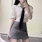 Set: Puff-sleeve Crop Shirt + A-line Skirt + Neck Tie