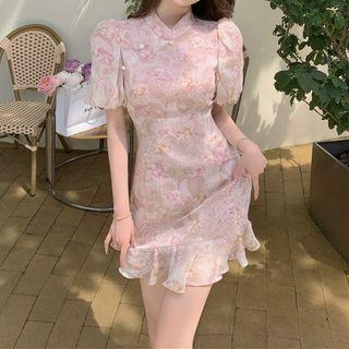 Puff-sleeve Floral Print Mesh Mini A-line Dress