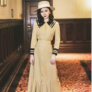 Set: Long-sleeve Sailor Collar Shirt + Maxi A-line Skirt
