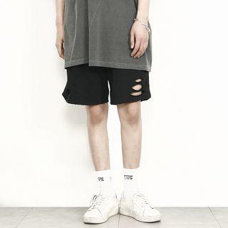 Band-waist Distressed Cotton Shorts
