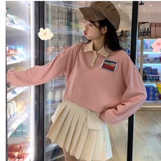Applique Long-sleeve Polo Shirt / Mini Pleated Skirt
