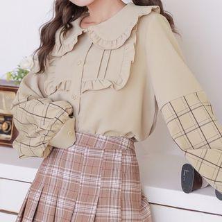Peter Pan Collar Plaid Panel Blouse