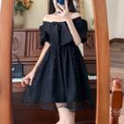 Puff-sleeve Off-shoulder Mesh Mini A-line Dress