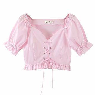 Short-sleeve Frill Trim Lace Up Crop Top