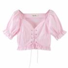 Short-sleeve Frill Trim Lace Up Crop Top