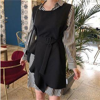 Set: Belted Vest Dress + Striped Shirt Dress Black - One Size