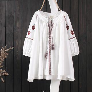 Tasseled Long-sleeve Linen Cotton Top