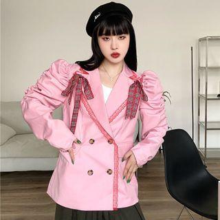 Puff-sleeve Ribbon Double-breasted Blazer