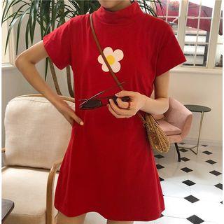 Mock-neck Short-sleeve T-shirt Dress Red - One Size