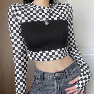 Mock Two-piece Plaid Long-sleeve Cropped Top