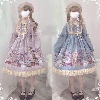 Printed Long-sleeve Ruffled Lace Trim A-line Dress