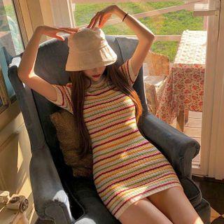 Striped Short-sleeve Sheath Knit Dress Stripes - Multicolor - One Size