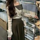 Long-sleeve Asymmetrical Color-block Knit Top/ High-waist A-line Maxi Skirt