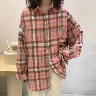 Long-sleeve Polo Collar Plaid Single-breasted Shirt