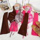 Patchwork Tie-dyed Drawstring Halter Top With Sleeves