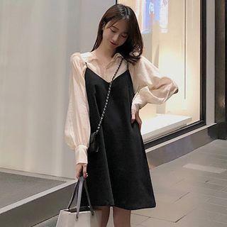 Set: Collared Blouse + Mini A-line Pinafore Dress