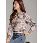 Tie-neck Bishop-sleeve Patterned Blouse Light Purple - One Size