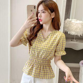 Plaid Short-sleeve Peplum Blouse