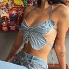 Halter-neck Butterfly Cut-out Tie-back Top Blue - One Size