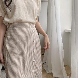 Button Gingham Long Skirt