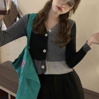 Color Panel V-neck Knit Top As Shown In Figure - One Size