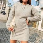 Long Sleeve Ribbed-knit Plain Sweater Dress