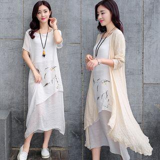 Set: Printed Layer Dress + Long Cardigan