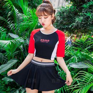 Set: Color Block Lettering Short-sleeve Tankini Top + Swim Skirt