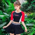 Set: Color Block Lettering Short-sleeve Tankini Top + Swim Skirt