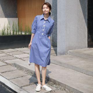 Balloon-sleeve Striped Shirtdress