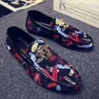 Canvas Feather Print Buckled Loafers