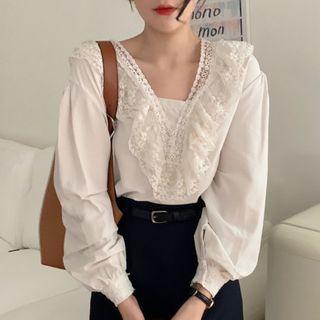 Ruffle Trim Lace Blouse Off-white - One Size