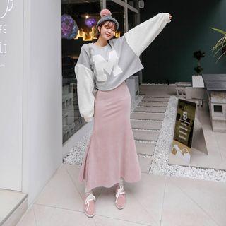 Ruffle-hem Corduroy Long Skirt