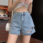 High Waist Washed Denim Lettering Shorts