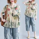 Floral Print Short-sleeve Blouse Red Flower - Almond - One Size