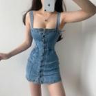 Spaghetti Strap Button-up Mini Sheath Denim Dress