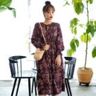 Tie-neck Bell-sleeve Floral Long Dress