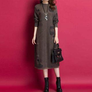 Embroidered Long-sleeve Midi Knit Dress