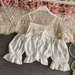 Cold Shoulder Bell-sleeve Lace Panel Blouse