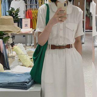 Set: Short-sleeve Midi Shirtdress + Faux Leather Belt