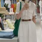 Set: Short-sleeve Midi Shirtdress + Faux Leather Belt