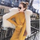 Long-sleeve Turtleneck Plain Knit Slim-fit Dress With Belt